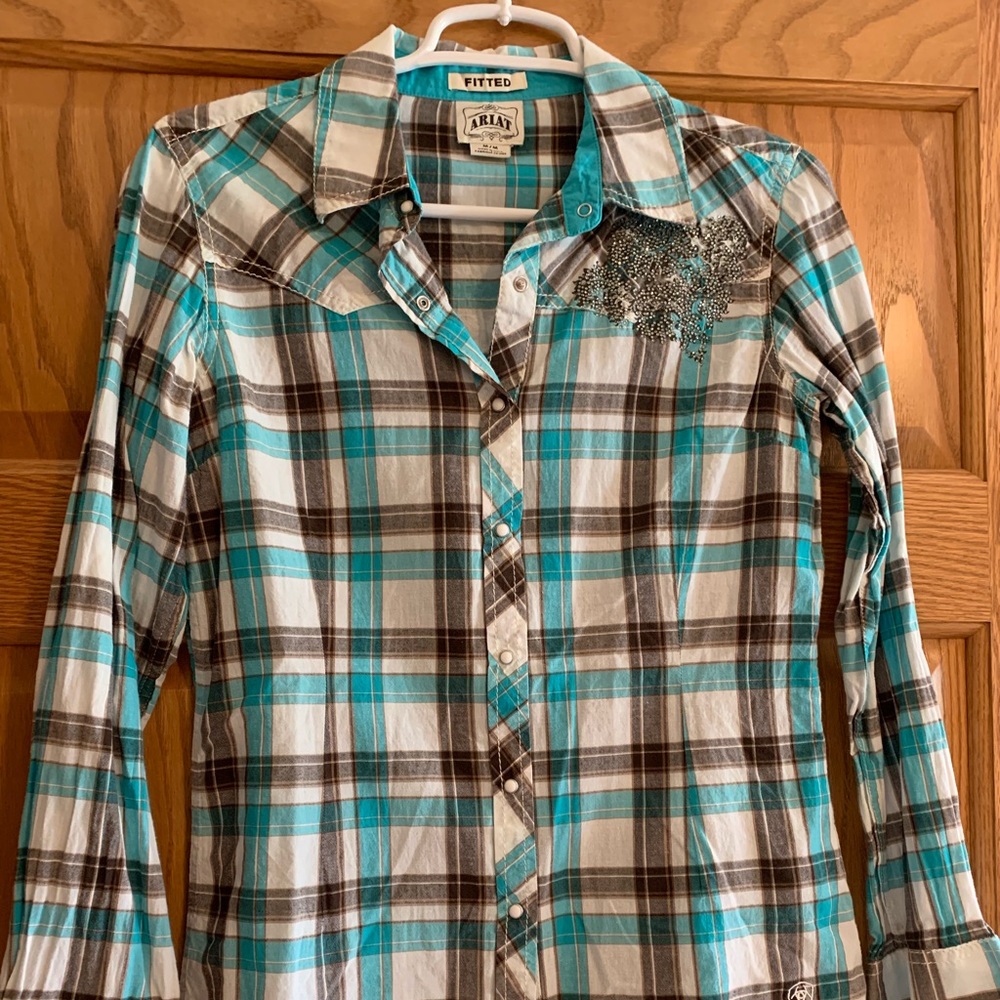 Ariat Turquoise and Brown Plaid Shirt Size Med
